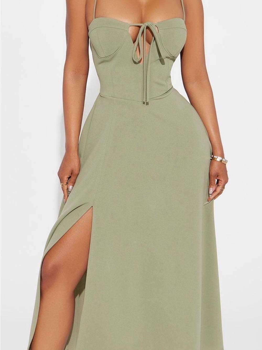 Olive Green Maxi Dress with Corset Bodice